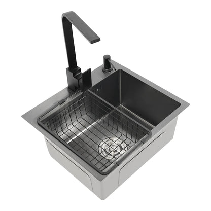 Schwarzes Küchenspülbecken-Set, Spüle aus Edelstahl 30 mit großem Fassungsvermögen und drehbarem Wasserhahn, Keramik-Ventilkern, geruchsfestes Spülbecken