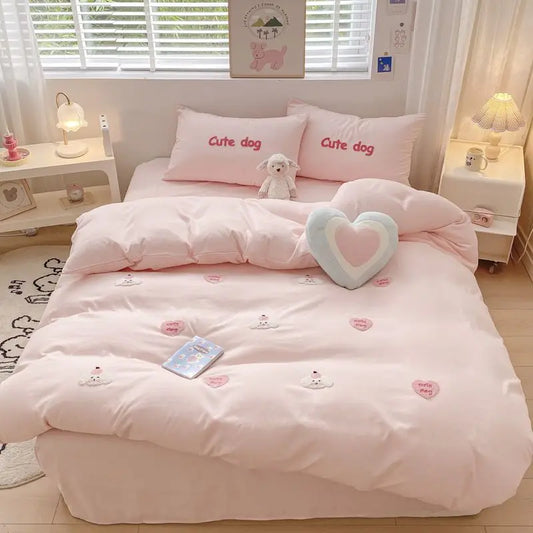 Ins Girly Heart Towel Embroidery Bedding Four-piece Set Soft Washed Cotton Bed Sheet Quilt Cover Three-piece Set.