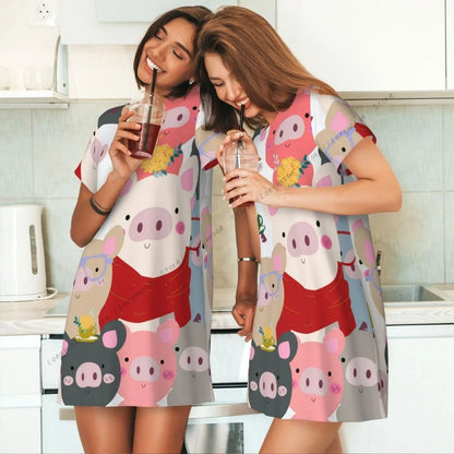 Sommer-Damen-Pyjama, Vintage-Stil, süßes Babyschwein, blau, grau, Pastell, Cartoon-Comic-Kunst, kurzärmeliges Nachthemd, dünner langer Rock, Homewear