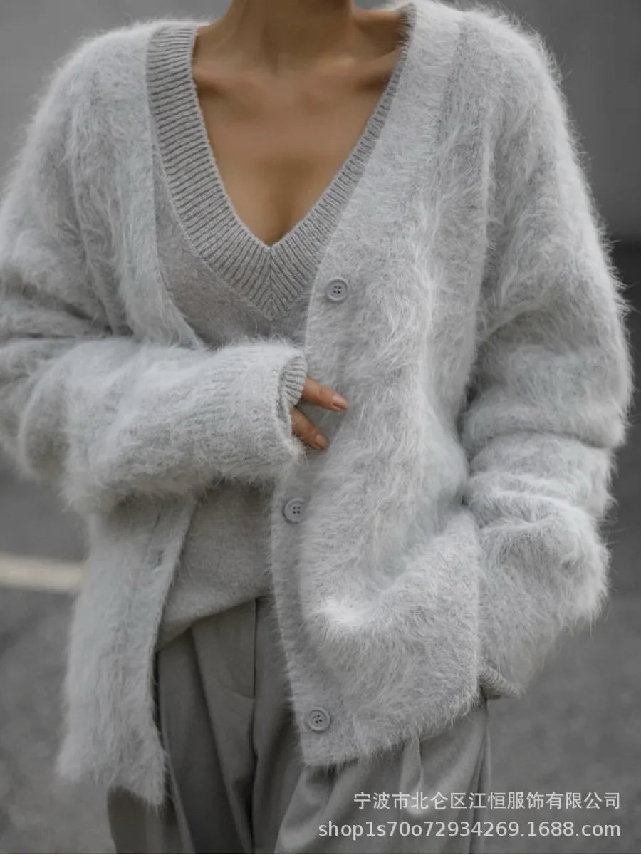 Women New Knitted Thick Cashmere Wool Cardigan Chic V Neck Single Breasted Fashion Long Sleeve Sweater Fall Winter Coat Outwear