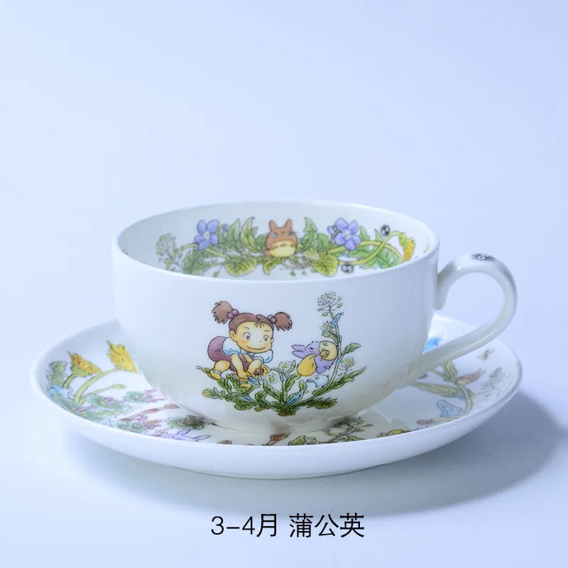 Bone China Dinner Plate Anime Cup and Saucer Set Coffee Mug Cute Cartoon Pattern Ceramic 9.5 Inch Dish Household Tableware Gift