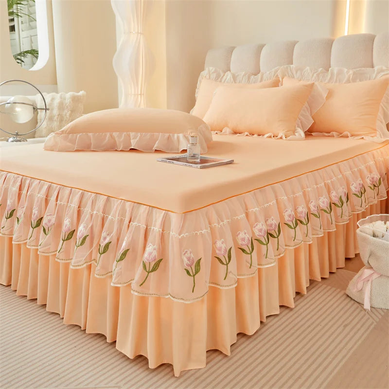 Floral Style Bed Skirt Embroidered Bed Cover Single/Queen/King Size Bed Linen Home Sheet with Skirt 침대스커트(Pillowcase Need Order)