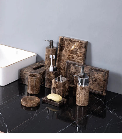 Emperador Badezimmer-Set aus dunklem Naturmarmor, braun, luxuriöser Zahnbürstenhalter, Seifenschale, Seifenspender, Badezimmer-Accessoires