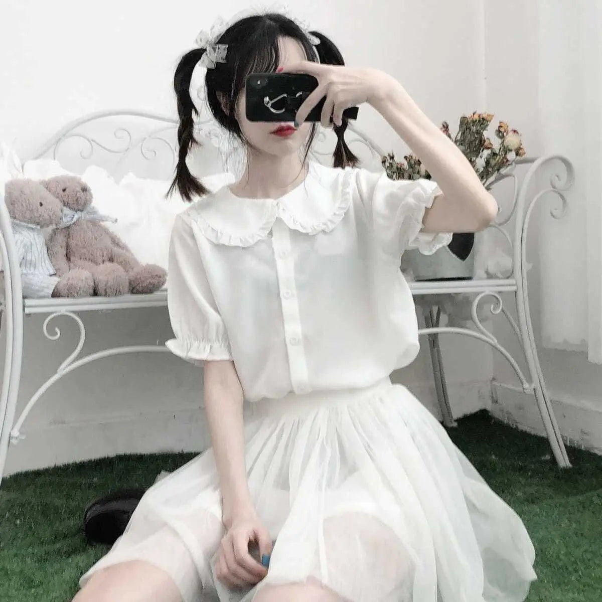 Shirts Women Japanese Style Pure Slim Summer Kawaii Schoolgirl Jk Daily Blusas Short Sleeve Casual Preppy Mujer Peter Pan Collar.