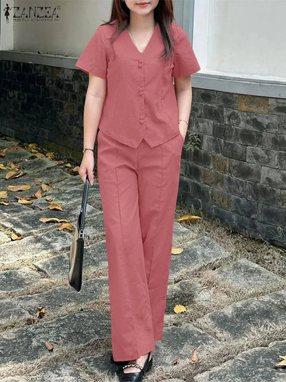 ZANZEA Fashion 2 Piece Sets Woman Elegant V-Neck Short Sleeve Shirts Wide Leg Pants 2pcs Suits Office Lady Commuting Pant Sets