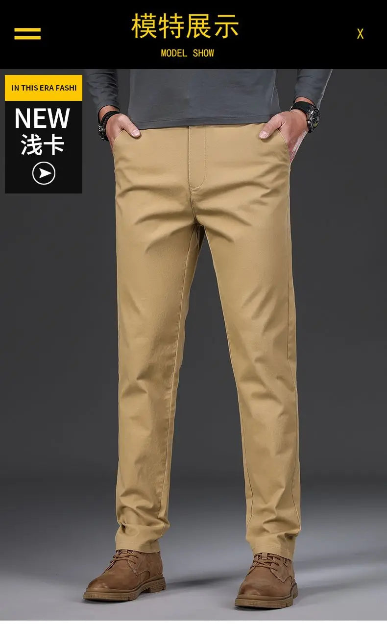 Cotton Men's Casual Pants Straight Stretch Trouser Male Fashion Slim Business Dress Golf Office Spring Autumn Khaki Black Formal.