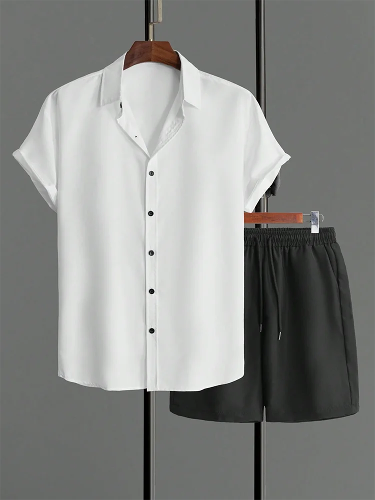 Einfaches einfarbiges Hawaii-Hemd für Herren, Sommer-Trend, kurzärmelige Shorts, 2-teilig, täglich, lässig, Shorts, Top-Anzug, modisch, übergroß.