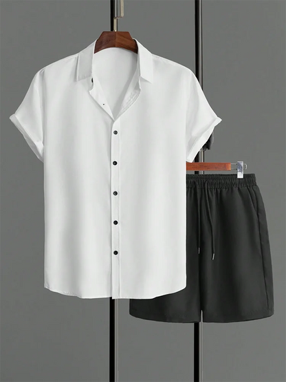Einfaches einfarbiges Hawaii-Hemd für Herren, Sommer-Trend, kurzärmelige Shorts, 2-teilig, täglich, lässig, Shorts, Top-Anzug, modisch, übergroß.