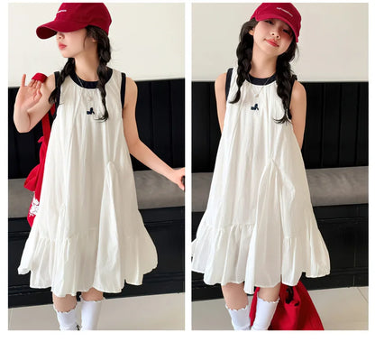 Neues Sommer-Mädchen-Prinzessinnenkleid für Kinder, ärmelloses Kleid mit Rüschen, Design-Kleider für Teenager, Kinder, lässiges Urlaubs-Strandkleid
