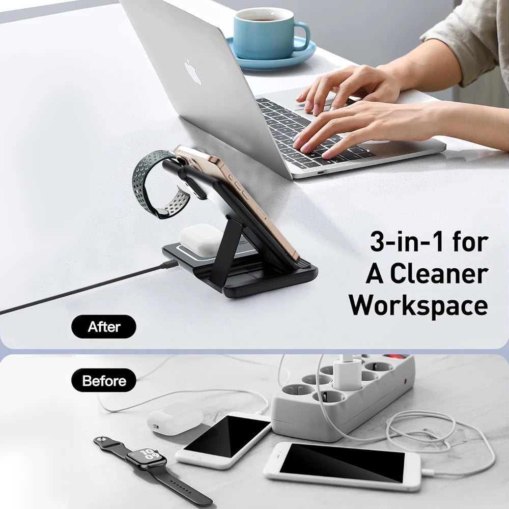 100W 3 in 1 Night Light Wireless Charger Stand For iPhone 16 15 14 Apple Watch 2-8 SE Airpods Pro Fast Charging Foldable Holder.