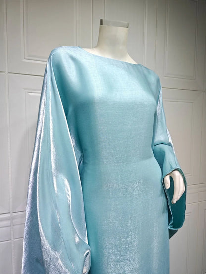 Siskakia Muslim 2024 New Eid Dresses Solid Shiny Satin Batwing Sleeve Modest Kebaya Turkish African Women Abayas Saudi Clothing