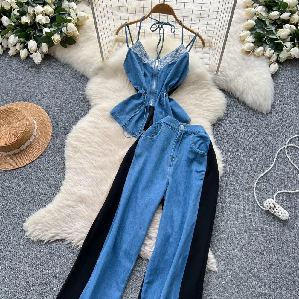 Denim Two Piece Sets Women Jeans Suit Lace Y2k Top Wide Leg Pants Zipper Lace Up Patchwork Trousers Outfits Ensemble Summer 2025.