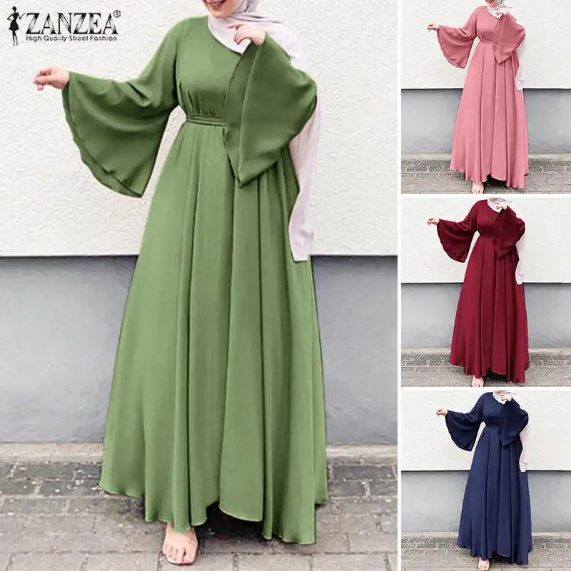Frauen Lerisure Muslimischen Lange Kleid Übergroßen Vestidos ZANZEA 2023 Sommer Frühling Flare Ärmeln Soild Weibliche Türkische Robe Abaya.