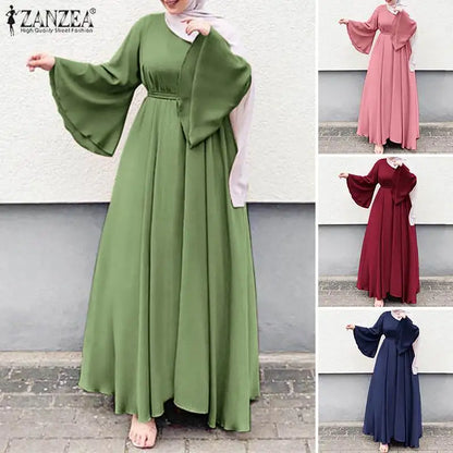 Frauen Lerisure Muslimischen Lange Kleid Übergroßen Vestidos ZANZEA 2023 Sommer Frühling Flare Ärmeln Soild Weibliche Türkische Robe Abaya.