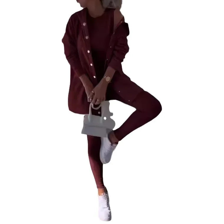 Women 3pcs Clothes Set Solid Color Sports Singel Breasted Shirt Jacket & Sleeveless Cami Tank Top & Slim Skinny Pants.