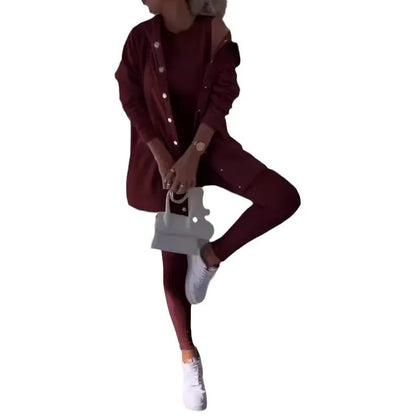 Women 3pcs Clothes Set Solid Color Sports Singel Breasted Shirt Jacket & Sleeveless Cami Tank Top & Slim Skinny Pants.