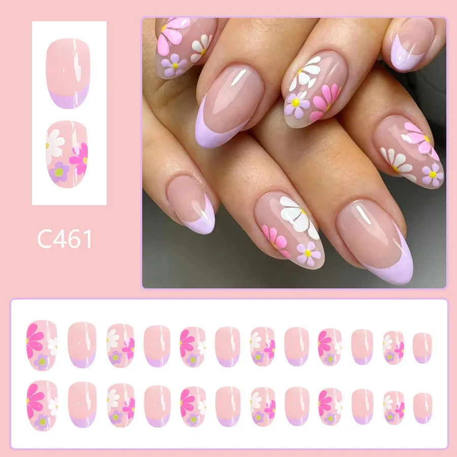 24Pcs Short Almond Press-On Nails Pink Floral French Tip Glossy&Elegant Full Cover Fake Nails for Women&Girls Spring,Daily Wear.