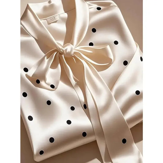 Elegant High Quality Satin Polka Dot Print Shirt Women Office Lady Business Casual Chic Blouse Lace-up Bow Long Sleeve Loose Top.