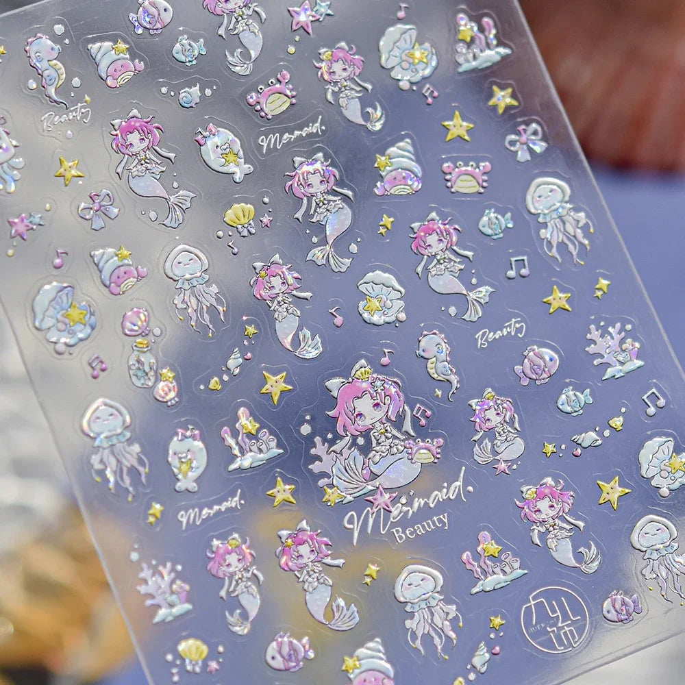 Ocean Theme 5D Nail Sticker Summer Beach Seashells Starfish Conch Scallop Shell Coral Self Adhesive Decoration Manicure Decal