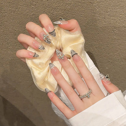 10pcs Handmade Almond False Nails Black White Alligator Print French Style Press On Nail Diamond Cross Design Wearable Fake Nail.