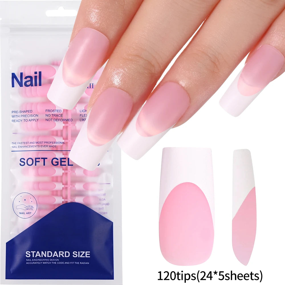 120pcs Pink Ombre Medium Coffin Press On Nails Glossy Handmade Acrylic Fake Nails Tips Gradient Design Artificial False Nails