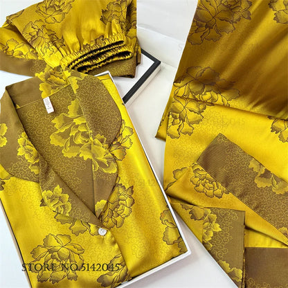 Chinese Style Print Flower 3PCS Pajamas Set Loungewear Summer New Women Sleepwear Short Sleeve Trouser Suit Silk Satin Homewear.