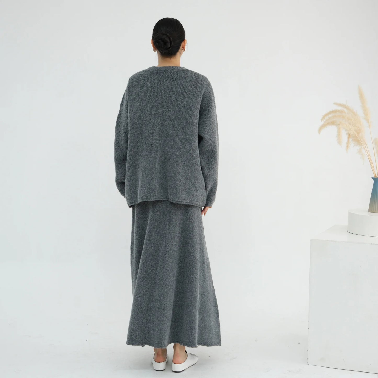 Winter Knitted Wool Cotton 3 Piece Abaya Set + Hijab Daily Thick Warm Modest Muslim Women Islamic Wholesale Suit Abaya