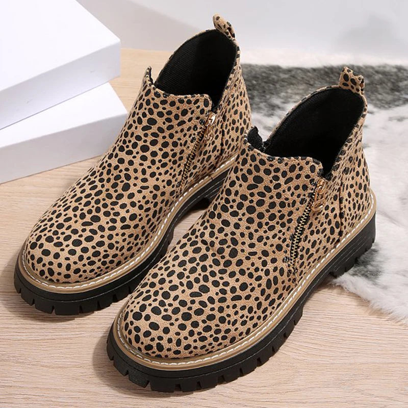 Fashion Leopard Ankle Boots for Women Plus Size 36-43 Zipper Up Booties Woman Spring Autumn Non Slip Platform Boots Mujer.