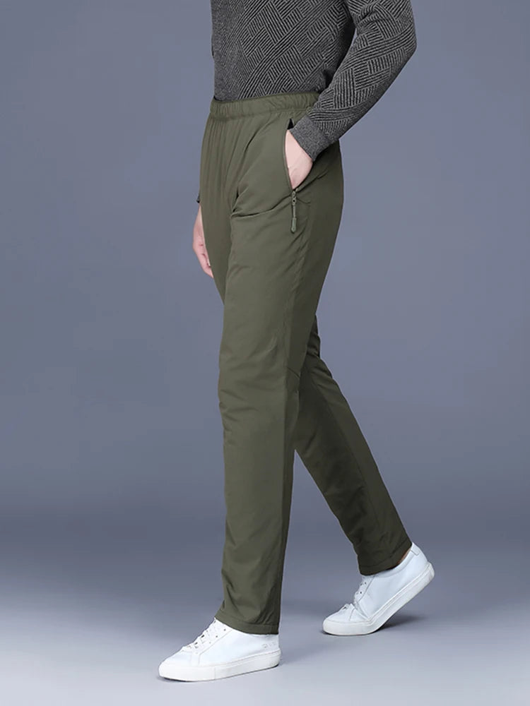 Men's Winter Padded Pants with 3 Zip Pockets 90% White Duck Down Windproof Warm Pants Snow Cold Thermal Down Trousers.