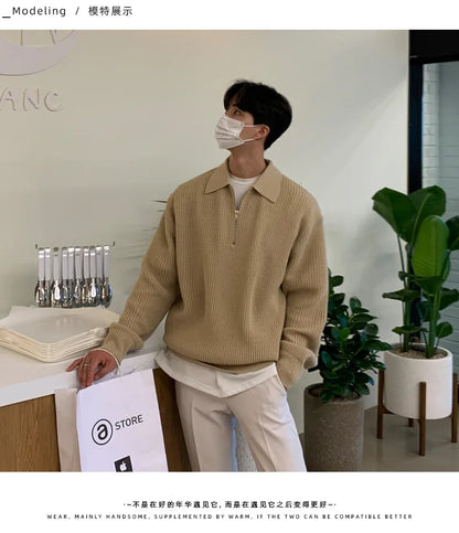 Half Zipper Sweater Men's Autumn and Winter Japanese Retro Korean Lapel Sweater Loose Casual Thread Trend.
