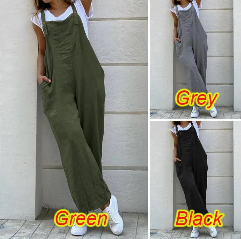 Spring Summer Jumpsuit For Women Solid Color Romper Casual Pant Pockets Button Wide Leg Strap Jumpsuits Loose Rompers Overalls.