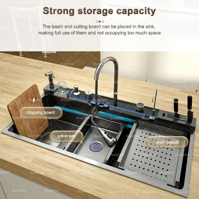 Extra Large Single Bowl Stainless Steel Waterfall Kitchen Sink Digital Display Multifunctional Household Vegetable Washing Sink