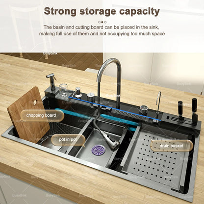 Extra Large Single Bowl Stainless Steel Waterfall Kitchen Sink Digital Display Multifunctional Household Vegetable Washing Sink