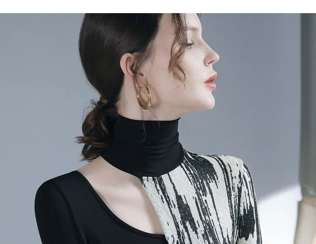 Women Design sense Printing Hollow Out Pullovers Elegant Slim Top Spring Autumn 2024 New Turtleneck Long Sleeve Fashion T-Shirts.