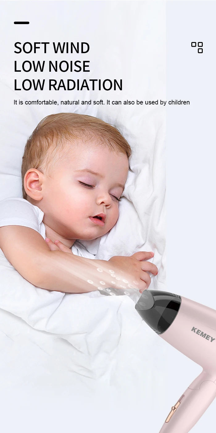 Kemei Portable Handle Compact Hair Dryer Foldable Low Noise Blower Dryer Hot Wind Long Life for Outdoor Travel 950W Student Use