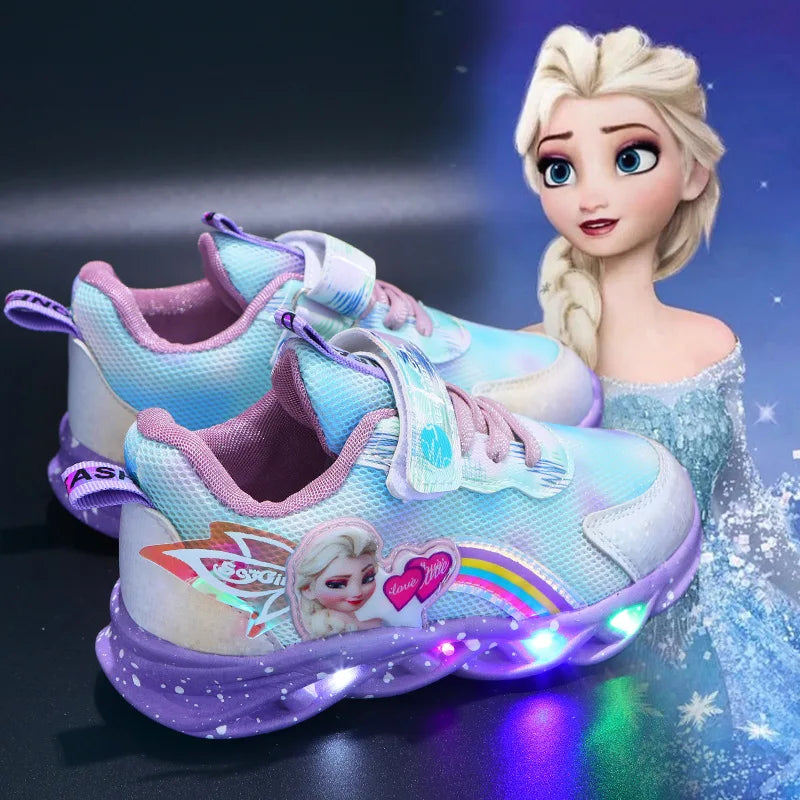 Disney Casual Sneakers LED Lighted For Spring Girls Frozen Elsa Princess Rainbow Outdoor Children Non-slip Pink Purple Shoes.