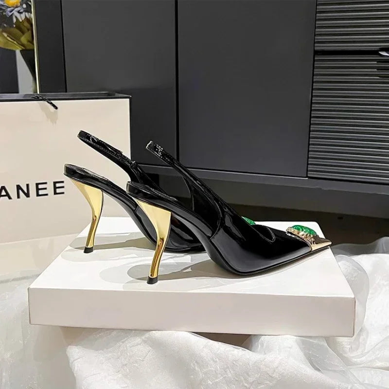 Iron Head Fashion Heterosexual Red High Heels Fox Head Jewel Decoration New Plus Size Banquet Shoes Women's High Heel Sandals.