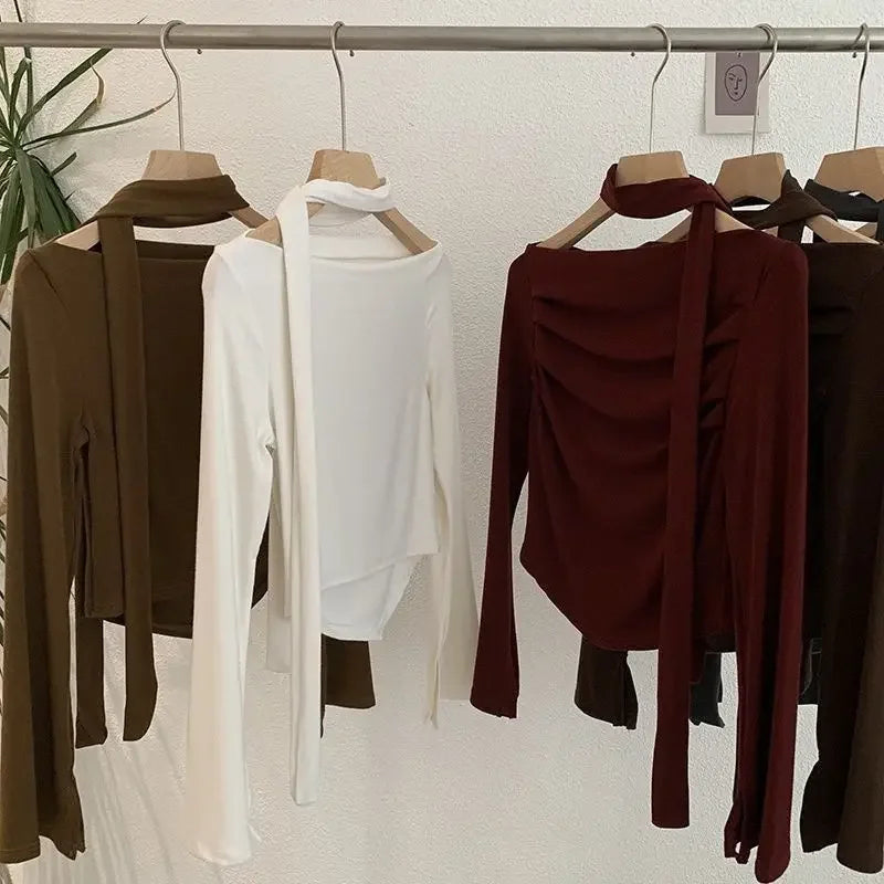 Elegant Long Sleeve Neck Hanging Sash Slim Fit T-Shirt Women's Red Black Other Pure Color Pleated Chic One Shoulder Top.