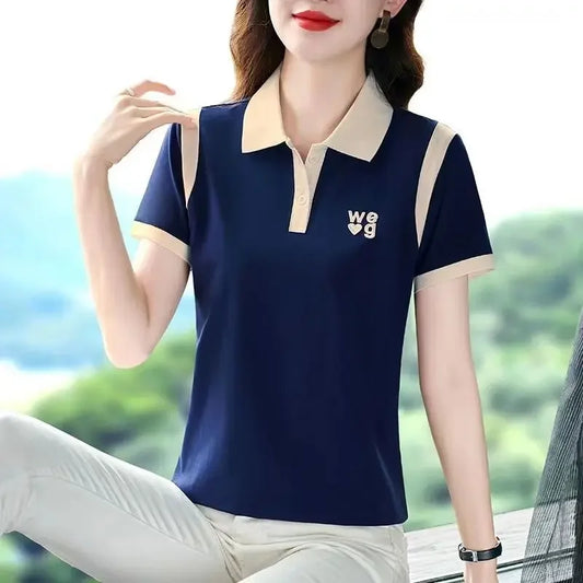 Sporty Short Sleeve Polo Shirt for Women Summer Fashionable Hong Kong Style Top Slim Fit Mixed Fabric Trendy T-Shirt.