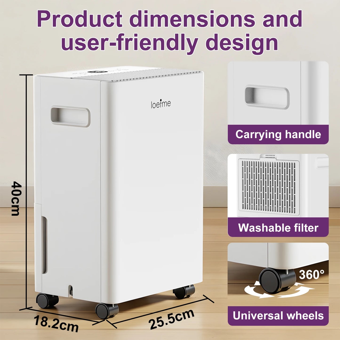 LOEFME 8L Electric Dehumidifier with Automatic Humidity Sensor & Display 24Hr Timer, Laundry Drying, Continuous Drainage 1m & 3m.