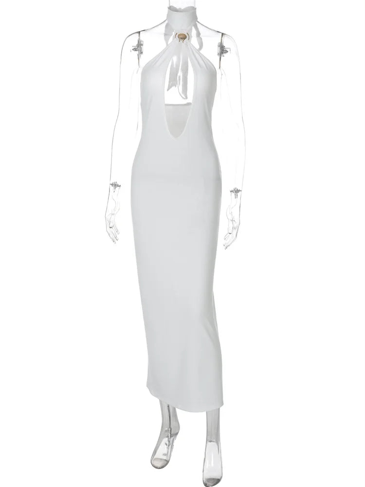 Seltsame Puss Sexy Frau Kleid Ärmellose Hohl Backless Metall Ringe Dünne Elastizität Einfache Party 2025, Sommer Trend Vestidos.