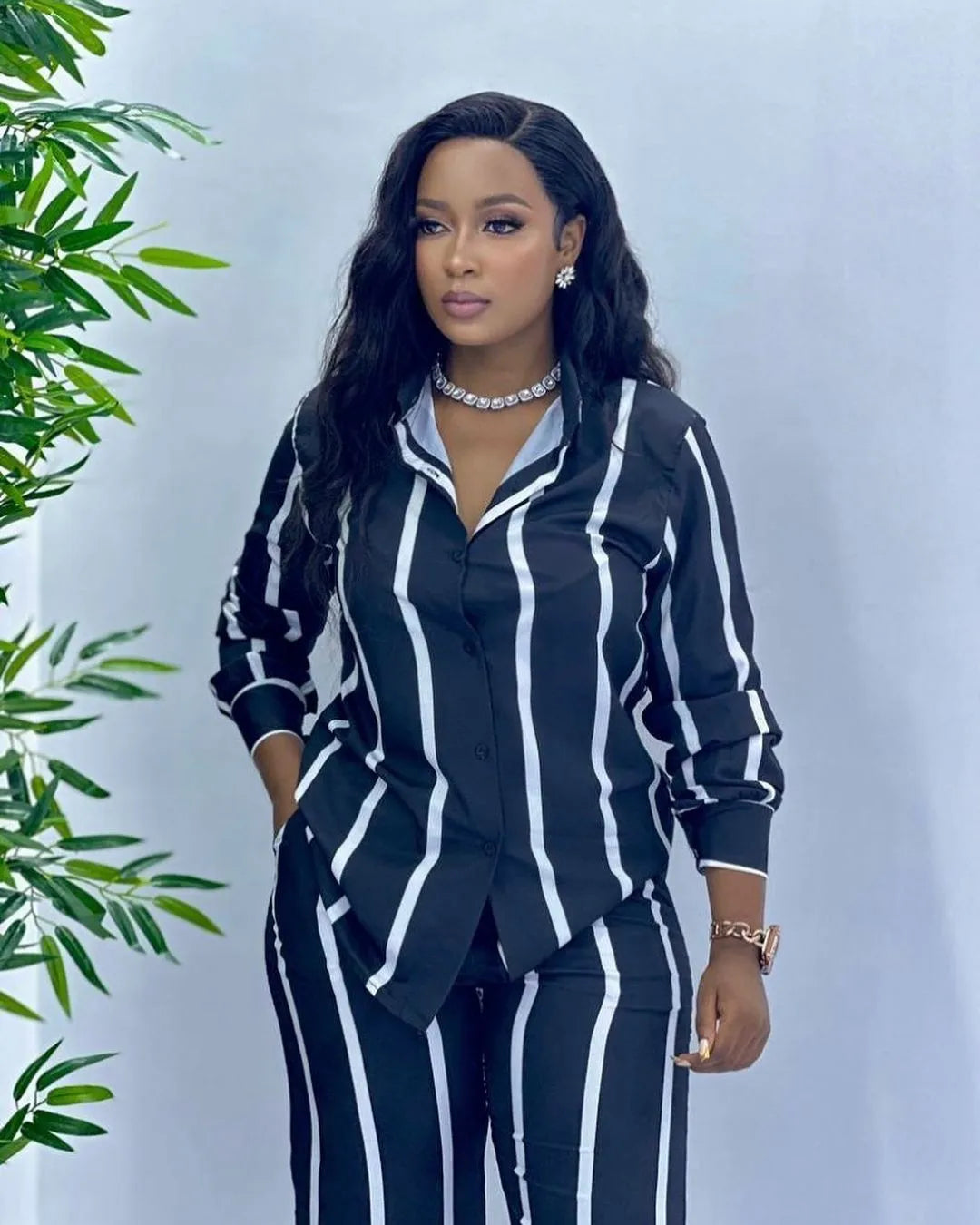 Fashion Striped Print Suit For Women Elegant Lapel Long Sleeved Shirt Elastic Waist Wide Leg Pants Two Piece Set 2024 Autumn New.