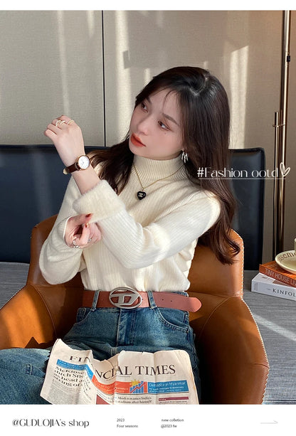 Women's Turtleneck Sweater Winter 2025 Retro with Velvet Lining Thickened Inner Wear Thermal Knitting Bottoming Shirt Pullovers.