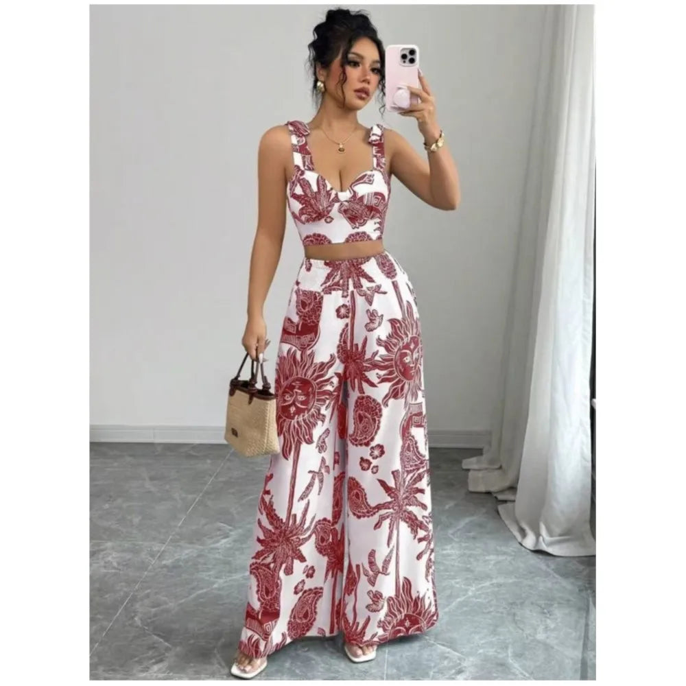 Sexy Strapback Halter Tops Long Pants Female 2-piece Set Summer Fashion Printed Wide-leg Pocket Trousers Elegant Women's Suit.