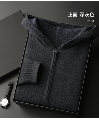 Autumn Winter Pure Cashmere Sweater Double-sided Cardigan Men's Casual Zipper Thickened Cashmere Knitted Hooded Sweater Coat