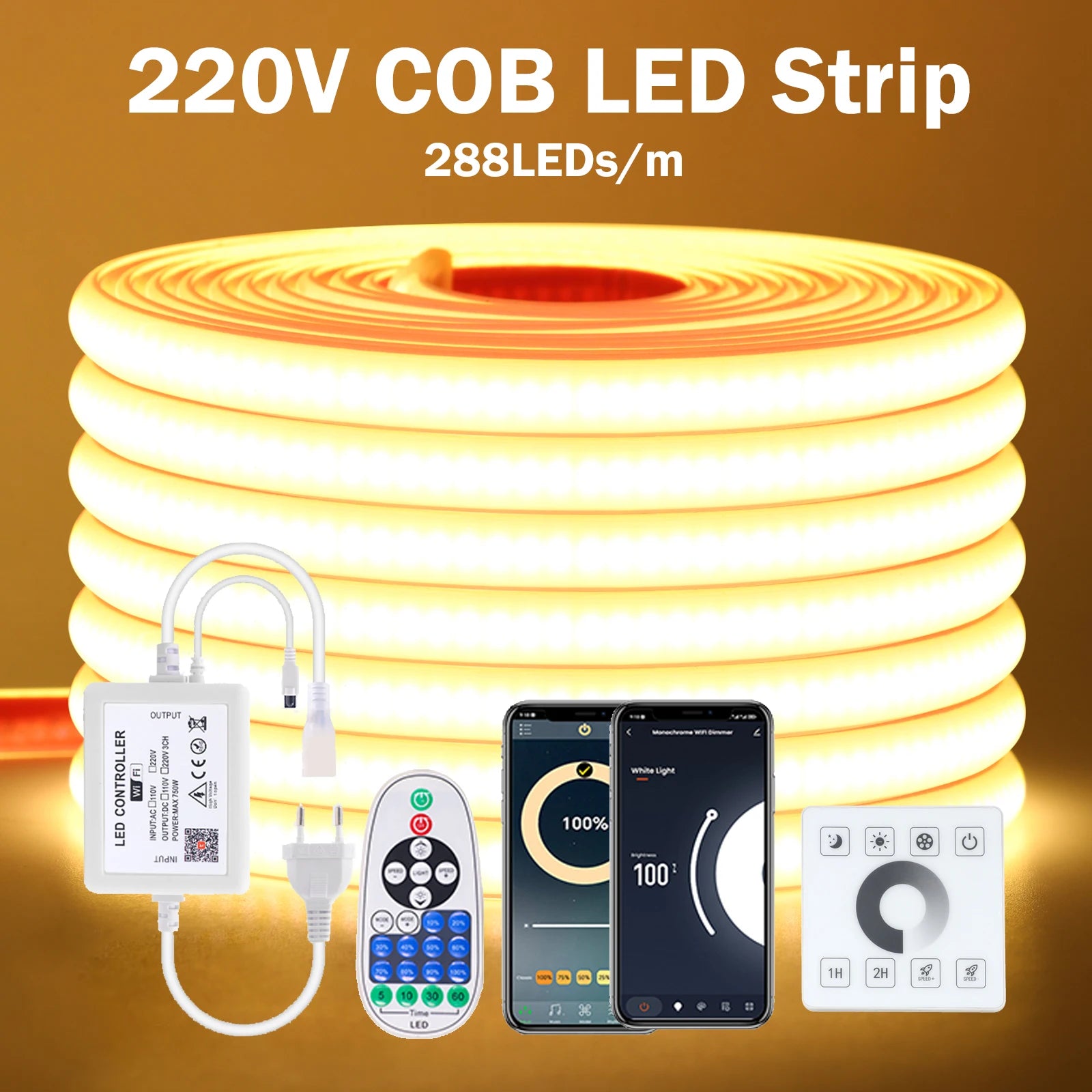 COB LED Strip Dimmable 220V 288LEDs/m Wall Touch Wifi Bluetooth Remote Control Power Kit Waterproof Silicone Tube Adhesive Tape.