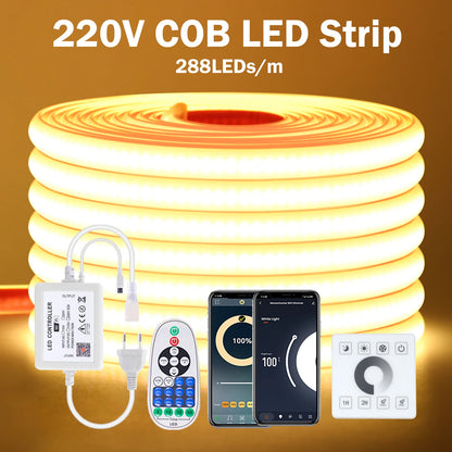 COB LED Strip Dimmable 220V 288LEDs/m Wall Touch Wifi Bluetooth Remote Control Power Kit Waterproof Silicone Tube Adhesive Tape.