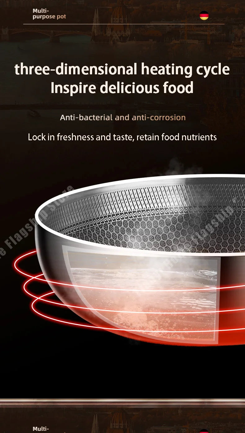 316 Stainless Steel Frying Pan Wok Non-stick Cooking Honeycomb Steak Gas Stove Pot Induction General Saucepan Kitchen Cookware.