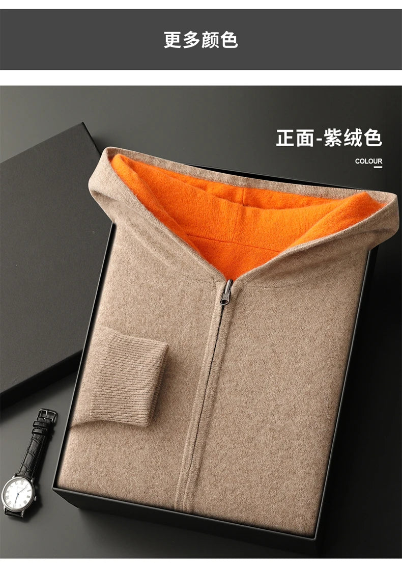 Autumn Winter Pure Cashmere Sweater Double-sided Cardigan Men's Casual Zipper Thickened Cashmere Knitted Hooded Sweater Coat