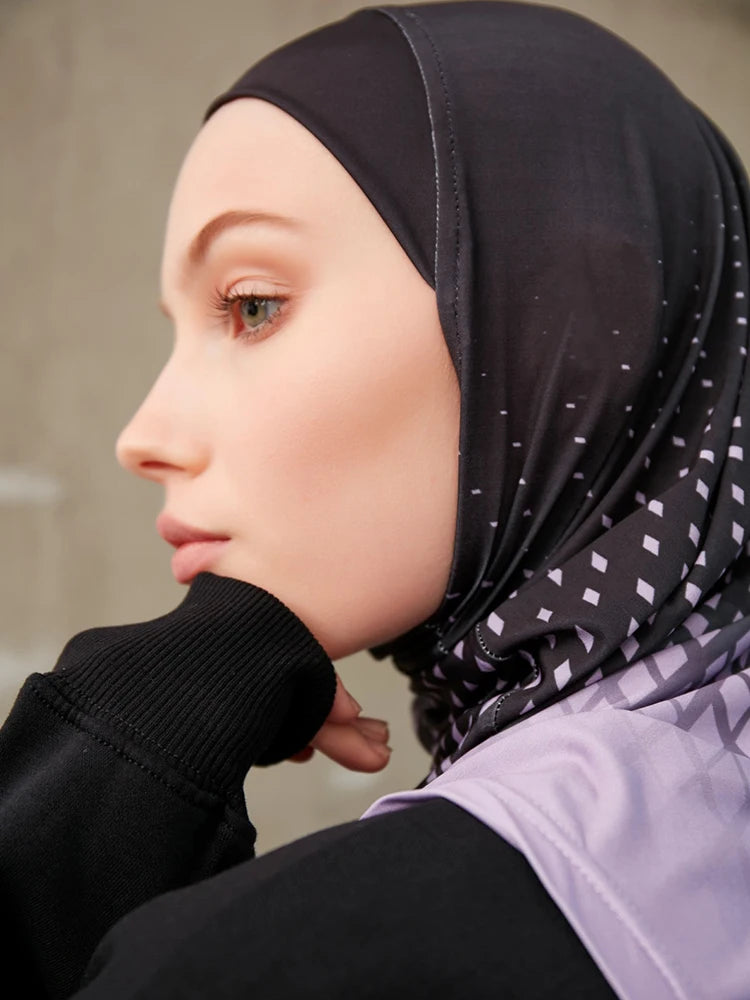Sporty Muslim Inner Hijab Women Geometric Printing Pattern Instant Turban For Ladies Head Wrap Headband Header Model.